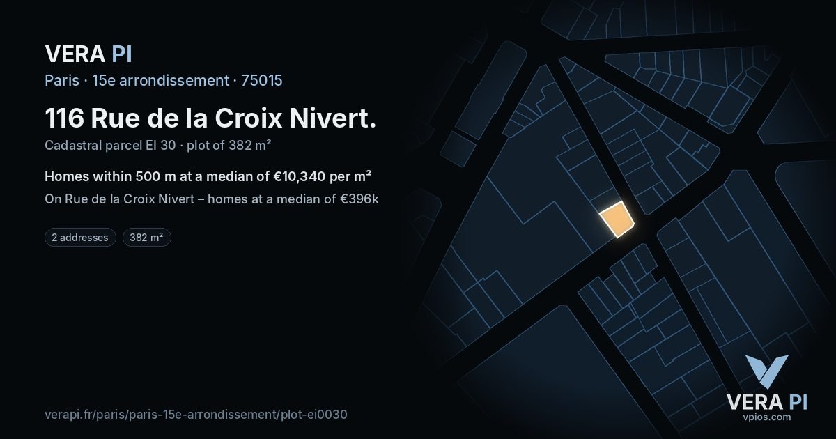 116 Rue de la Croix Nivert, 15e arrondissement at night – the plot lit, the parcels around coloured by the prices near them