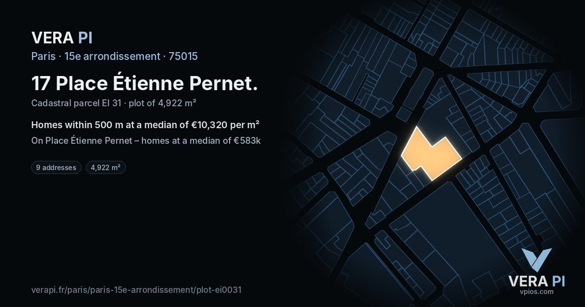 17 Place Étienne Pernet, 15e arrondissement at night – the plot lit, the parcels around coloured by the prices near them