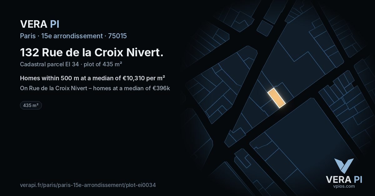 132 Rue de la Croix Nivert, 15e arrondissement at night – the plot lit, the parcels around coloured by the prices near them