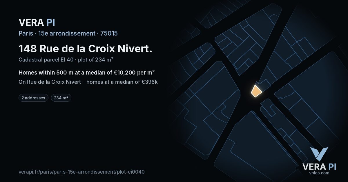 148 Rue de la Croix Nivert, 15e arrondissement at night – the plot lit, the parcels around coloured by the prices near them