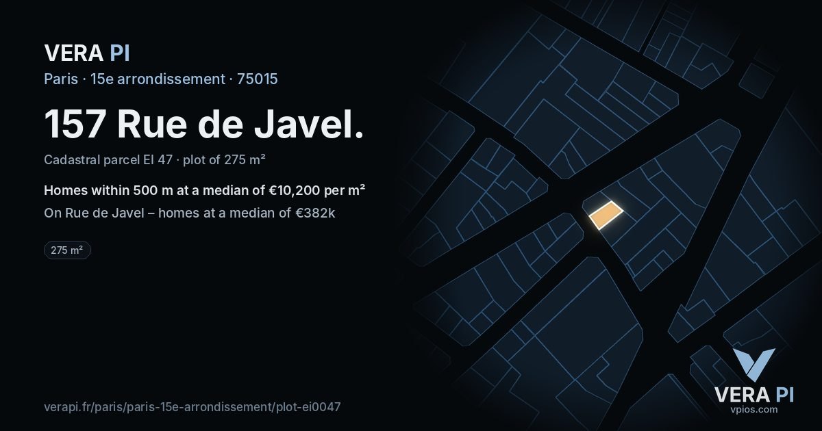 157 Rue de Javel, 15e arrondissement at night – the plot lit, the parcels around coloured by the prices near them