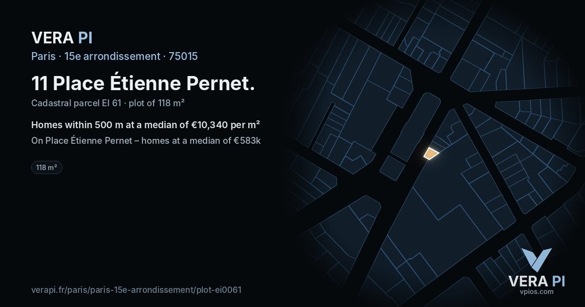 11 Place Étienne Pernet, 15e arrondissement at night – the plot lit, the parcels around coloured by the prices near them