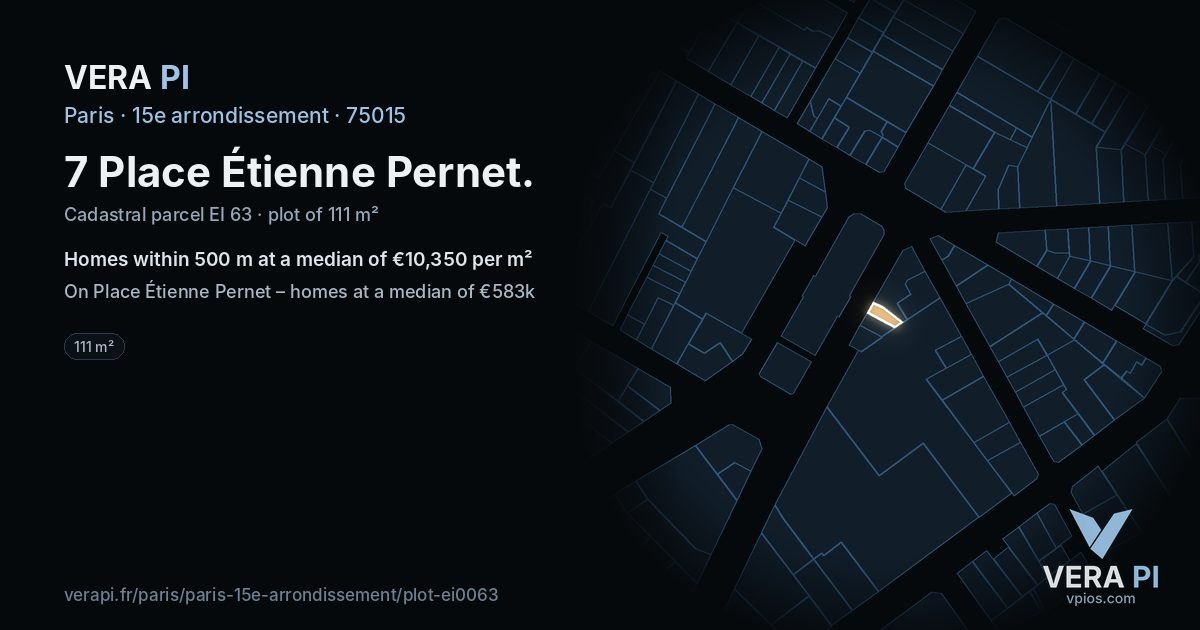 7 Place Étienne Pernet, 15e arrondissement at night – the plot lit, the parcels around coloured by the prices near them