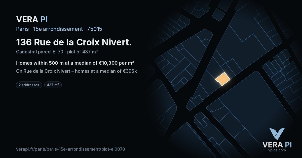 136 Rue de la Croix Nivert, 15e arrondissement at night – the plot lit, the parcels around coloured by the prices near them