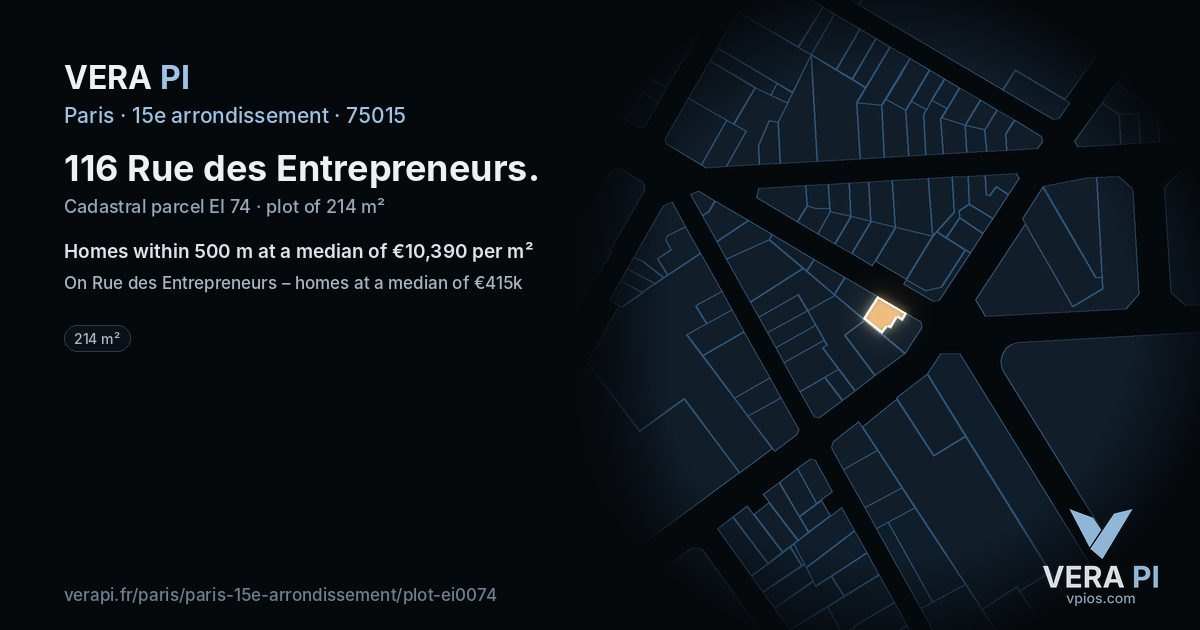 116 Rue des Entrepreneurs, 15e arrondissement at night – the plot lit, the parcels around coloured by the prices near them