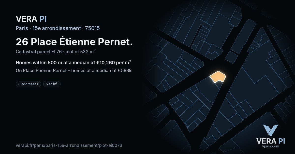26 Place Étienne Pernet, 15e arrondissement at night – the plot lit, the parcels around coloured by the prices near them