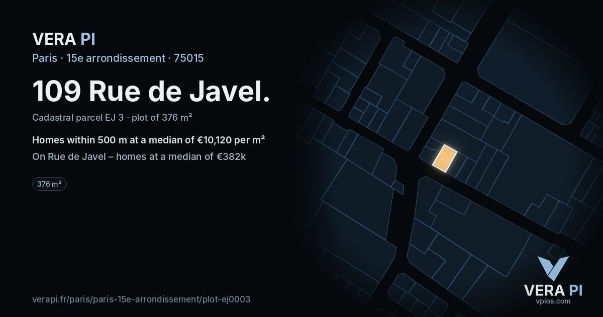 109 Rue de Javel, 15e arrondissement at night – the plot lit, the parcels around coloured by the prices near them