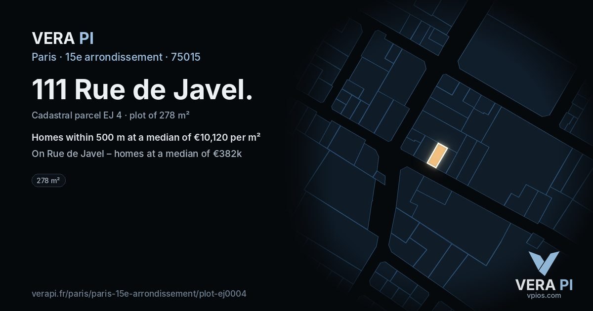 111 Rue de Javel, 15e arrondissement at night – the plot lit, the parcels around coloured by the prices near them