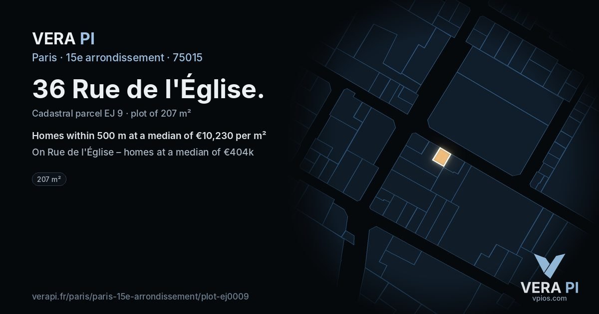 36 Rue de l'Église, 15e arrondissement at night – the plot lit, the parcels around coloured by the prices near them