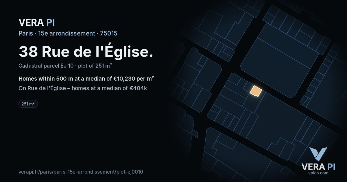 38 Rue de l'Église, 15e arrondissement at night – the plot lit, the parcels around coloured by the prices near them