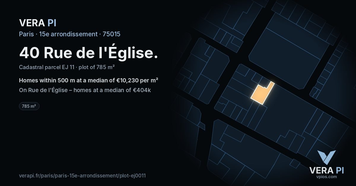 40 Rue de l'Église, 15e arrondissement at night – the plot lit, the parcels around coloured by the prices near them