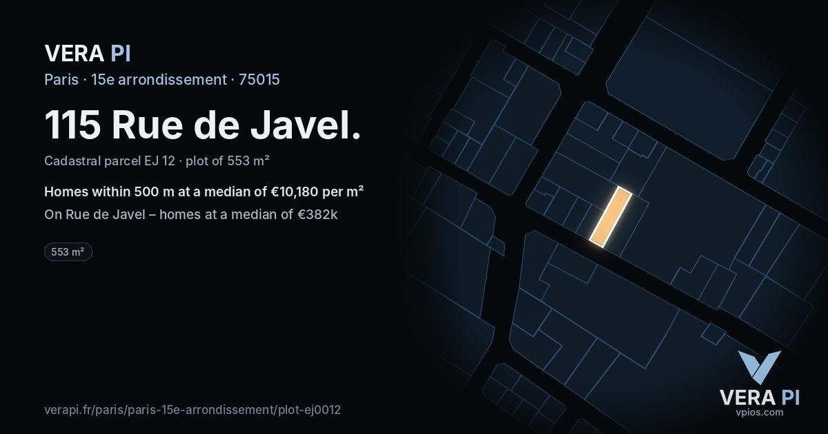 115 Rue de Javel, 15e arrondissement at night – the plot lit, the parcels around coloured by the prices near them