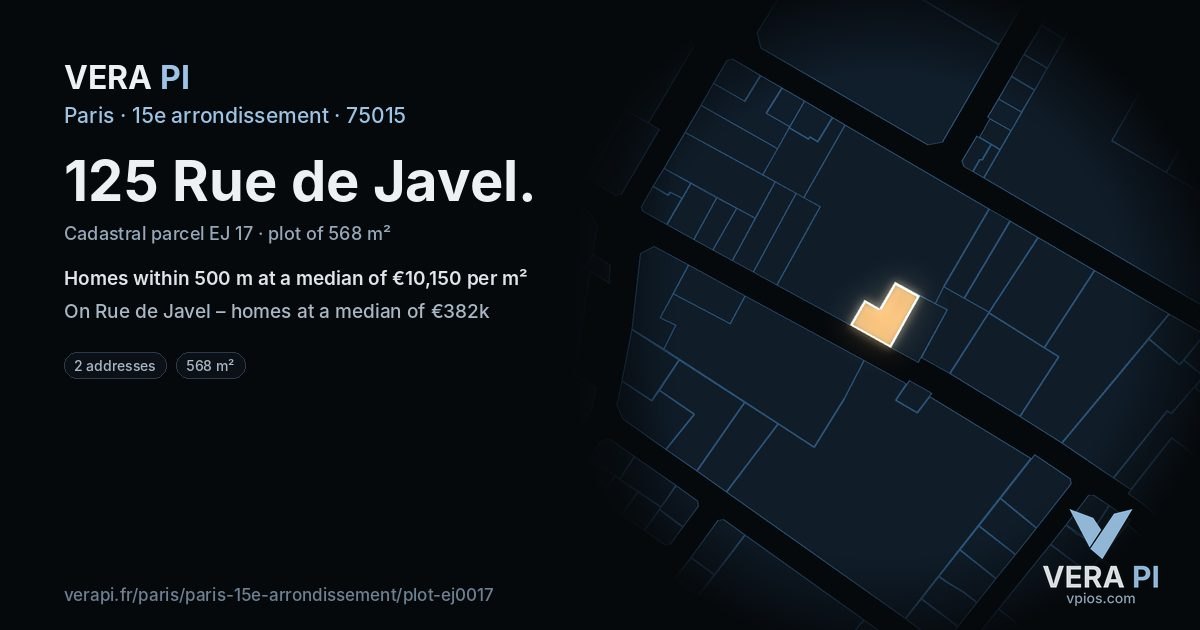125 Rue de Javel, 15e arrondissement at night – the plot lit, the parcels around coloured by the prices near them