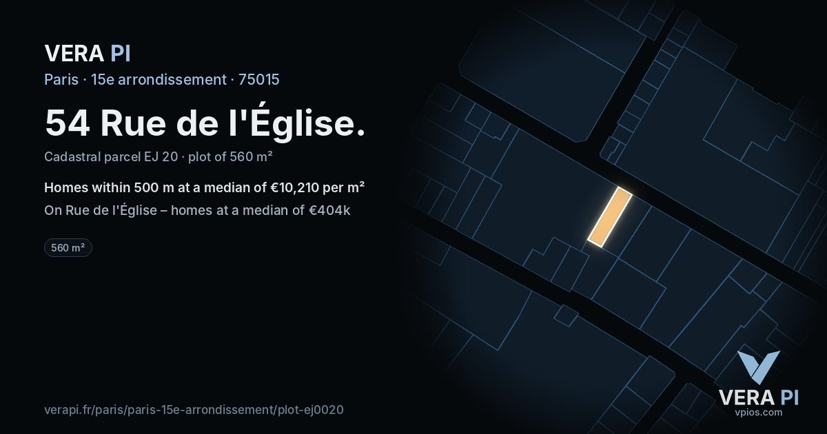54 Rue de l'Église, 15e arrondissement at night – the plot lit, the parcels around coloured by the prices near them