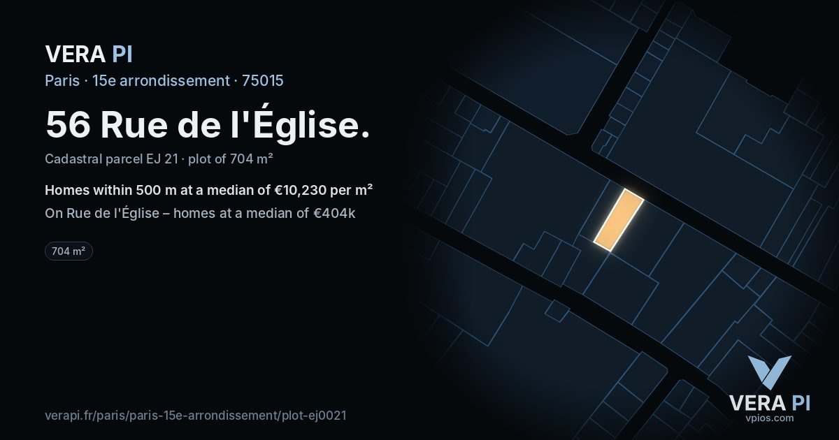 56 Rue de l'Église, 15e arrondissement at night – the plot lit, the parcels around coloured by the prices near them