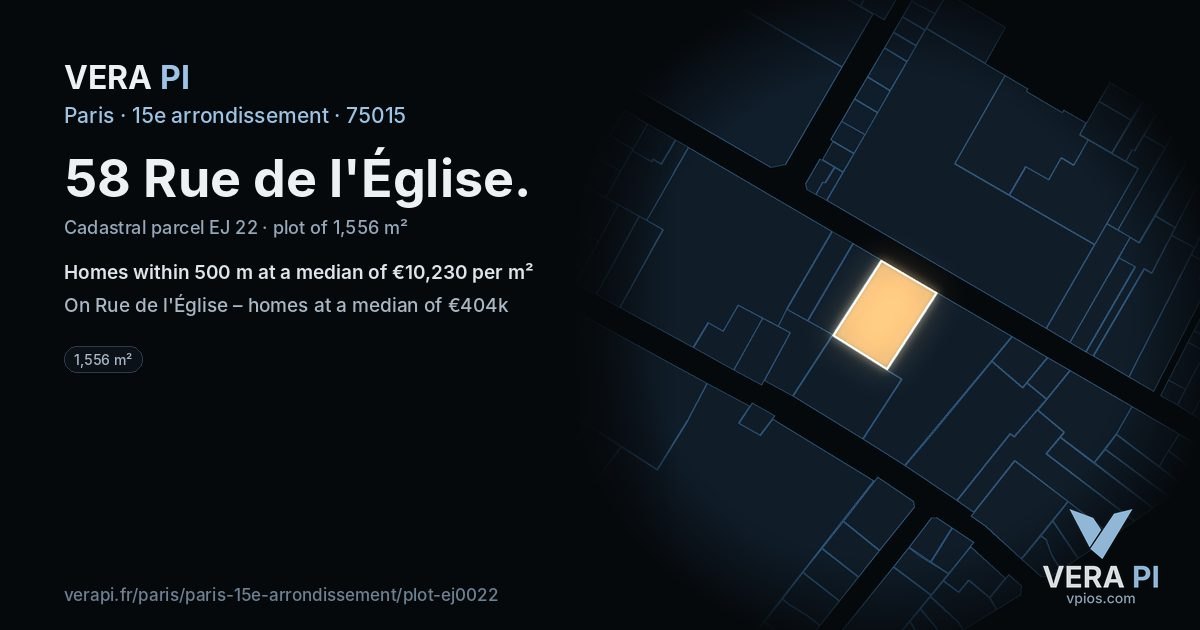 58 Rue de l'Église, 15e arrondissement at night – the plot lit, the parcels around coloured by the prices near them