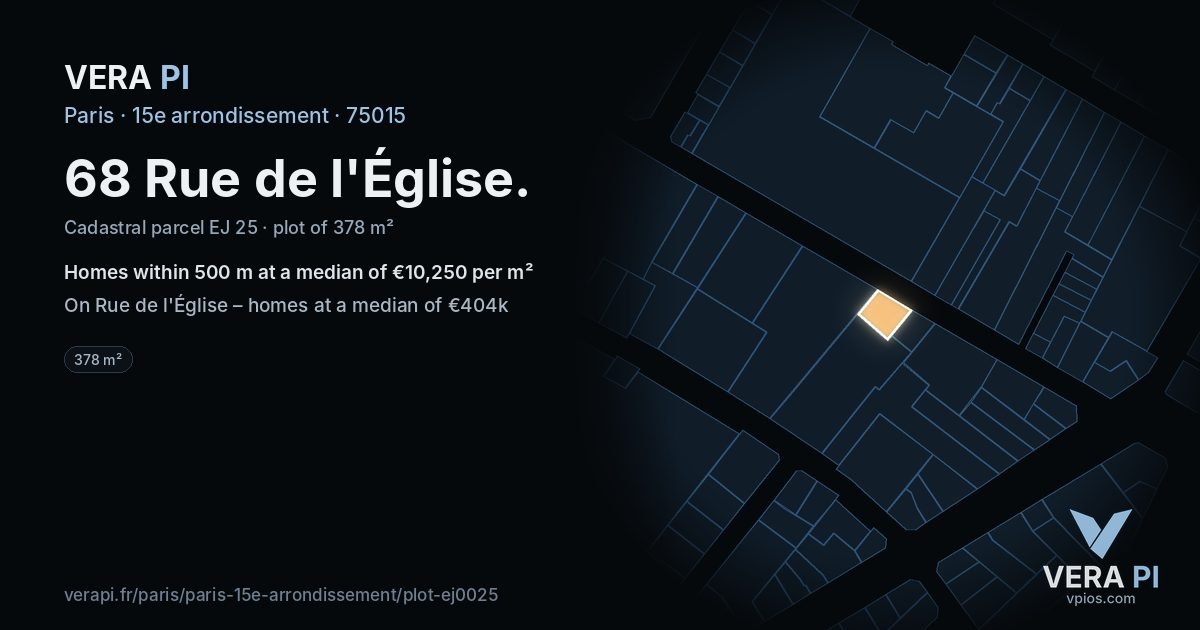 68 Rue de l'Église, 15e arrondissement at night – the plot lit, the parcels around coloured by the prices near them