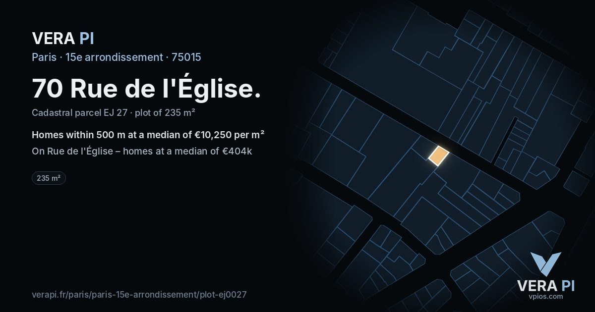70 Rue de l'Église, 15e arrondissement at night – the plot lit, the parcels around coloured by the prices near them
