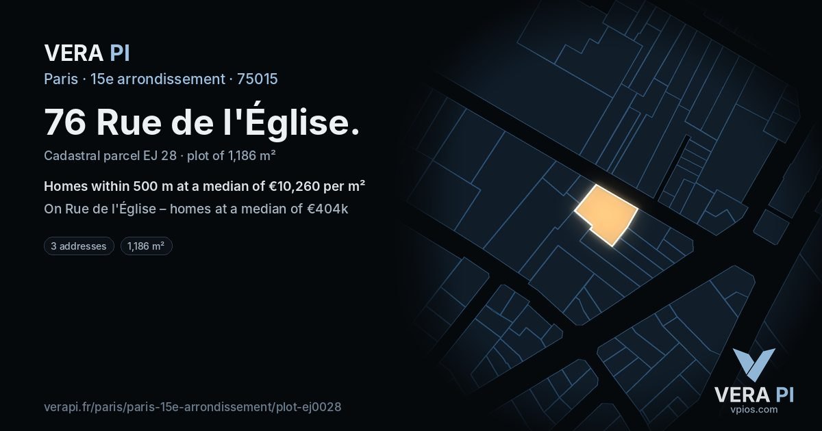76 Rue de l'Église, 15e arrondissement at night – the plot lit, the parcels around coloured by the prices near them