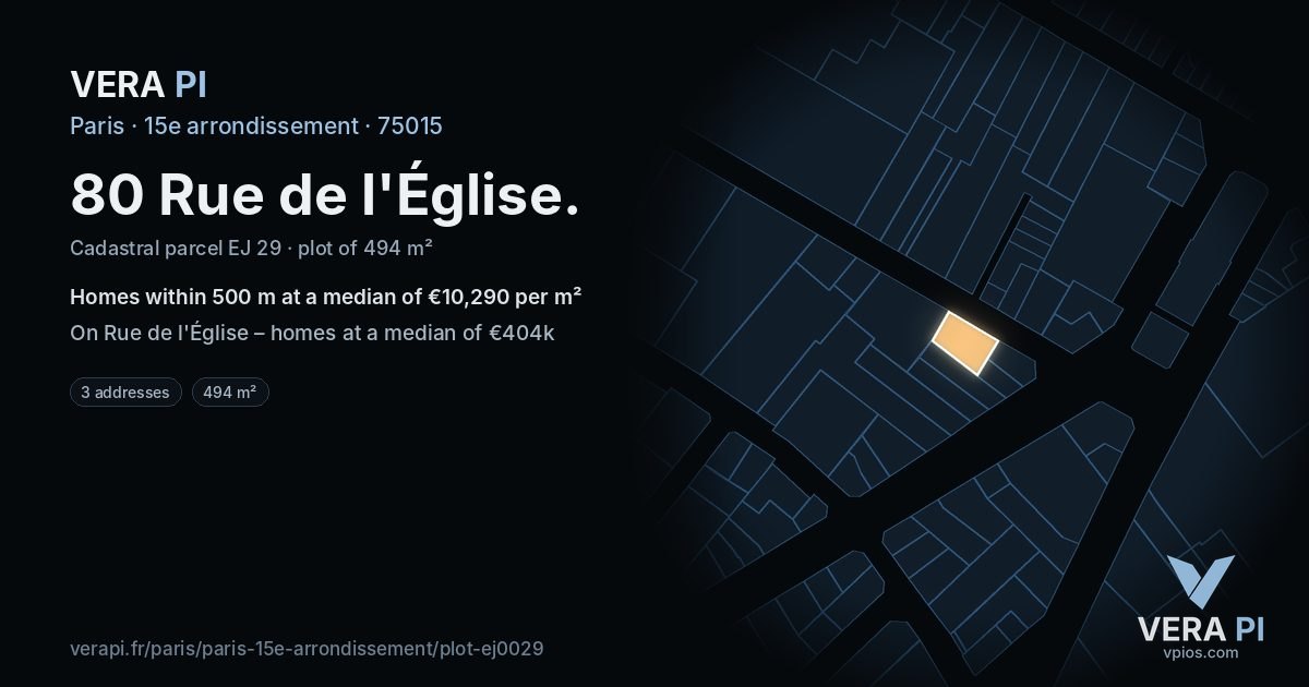 80 Rue de l'Église, 15e arrondissement at night – the plot lit, the parcels around coloured by the prices near them