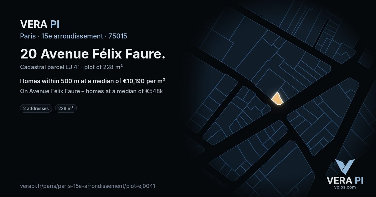 20 Avenue Félix Faure, 15e arrondissement at night – the plot lit, the parcels around coloured by the prices near them