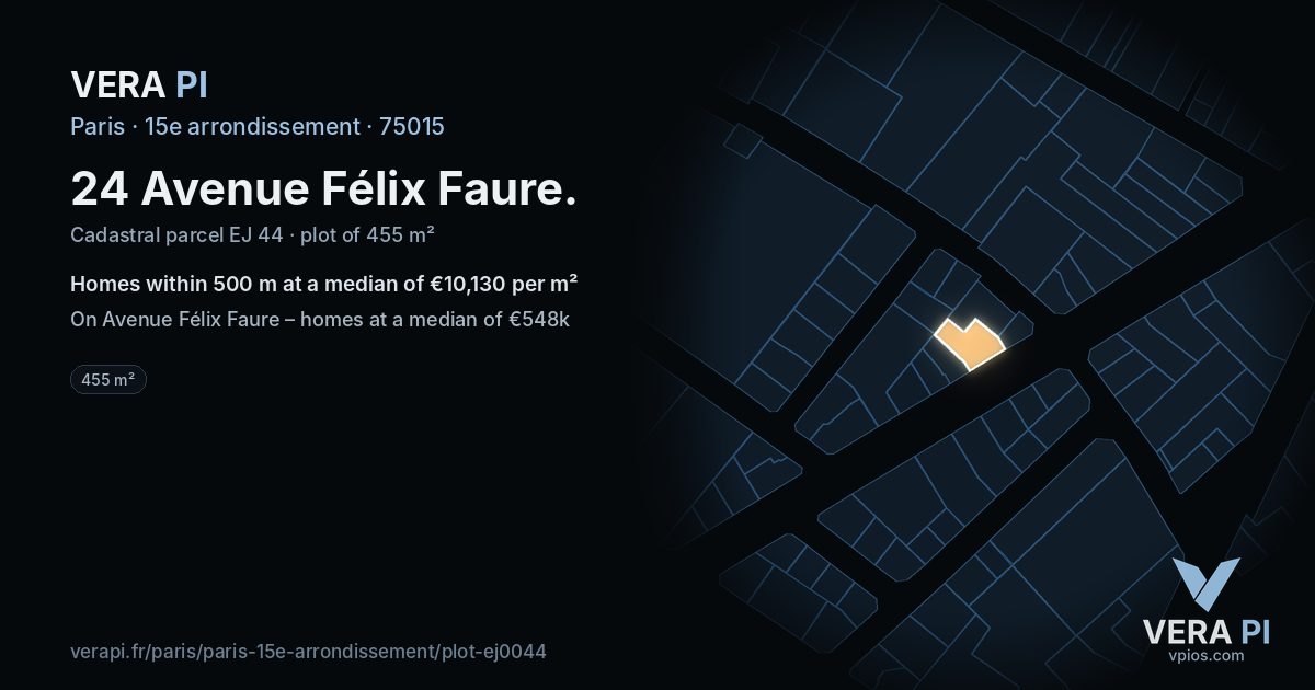 24 Avenue Félix Faure, 15e arrondissement at night – the plot lit, the parcels around coloured by the prices near them