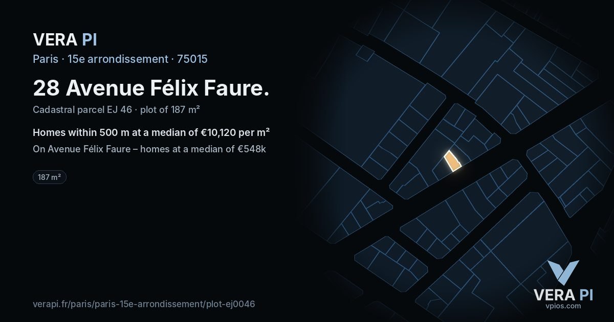 28 Avenue Félix Faure, 15e arrondissement at night – the plot lit, the parcels around coloured by the prices near them
