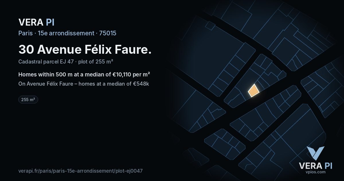 30 Avenue Félix Faure, 15e arrondissement at night – the plot lit, the parcels around coloured by the prices near them