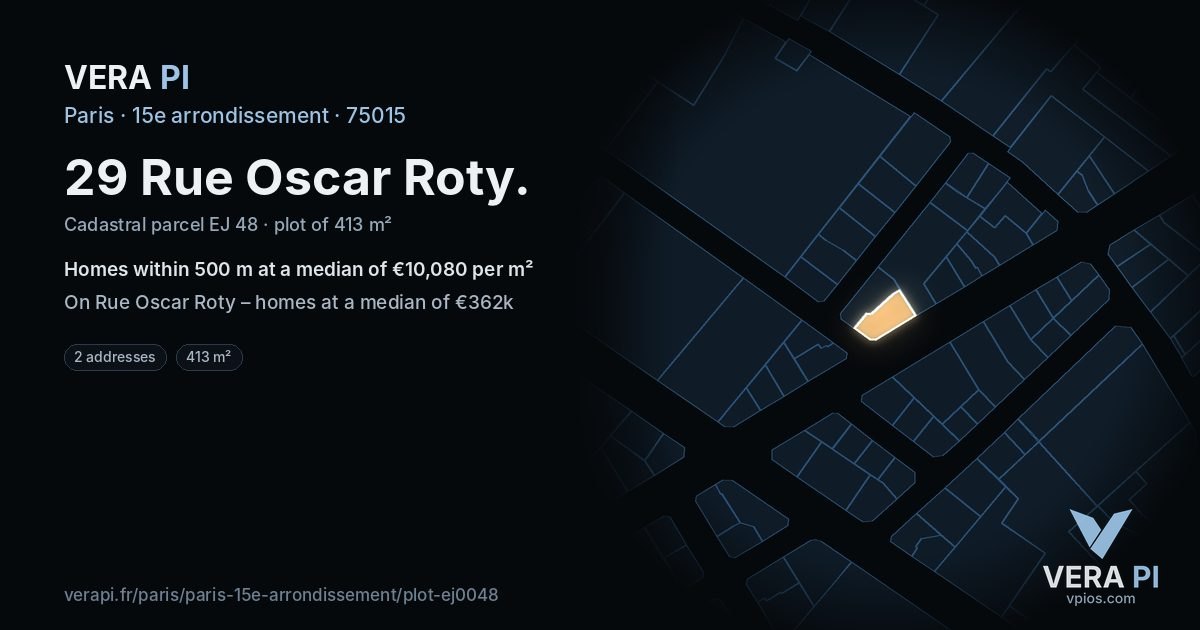 29 Rue Oscar Roty, 15e arrondissement at night – the plot lit, the parcels around coloured by the prices near them