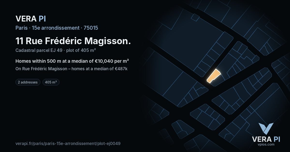 11 Rue Frédéric Magisson, 15e arrondissement at night – the plot lit, the parcels around coloured by the prices near them