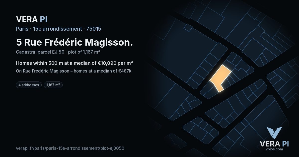 5 Rue Frédéric Magisson, 15e arrondissement at night – the plot lit, the parcels around coloured by the prices near them