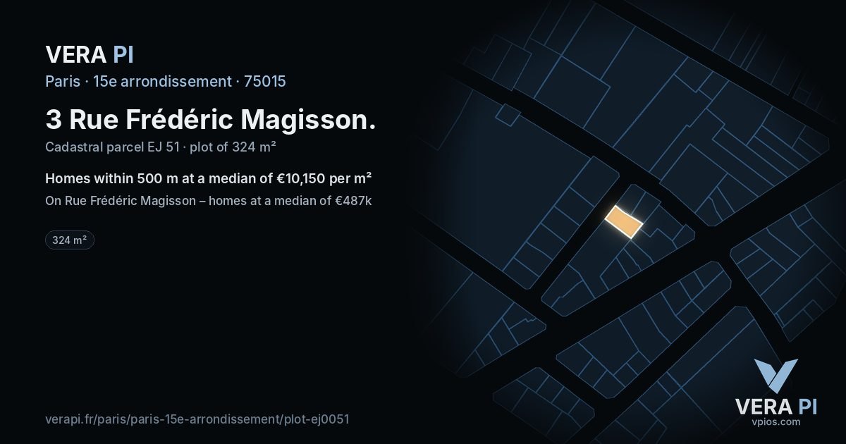 3 Rue Frédéric Magisson, 15e arrondissement at night – the plot lit, the parcels around coloured by the prices near them