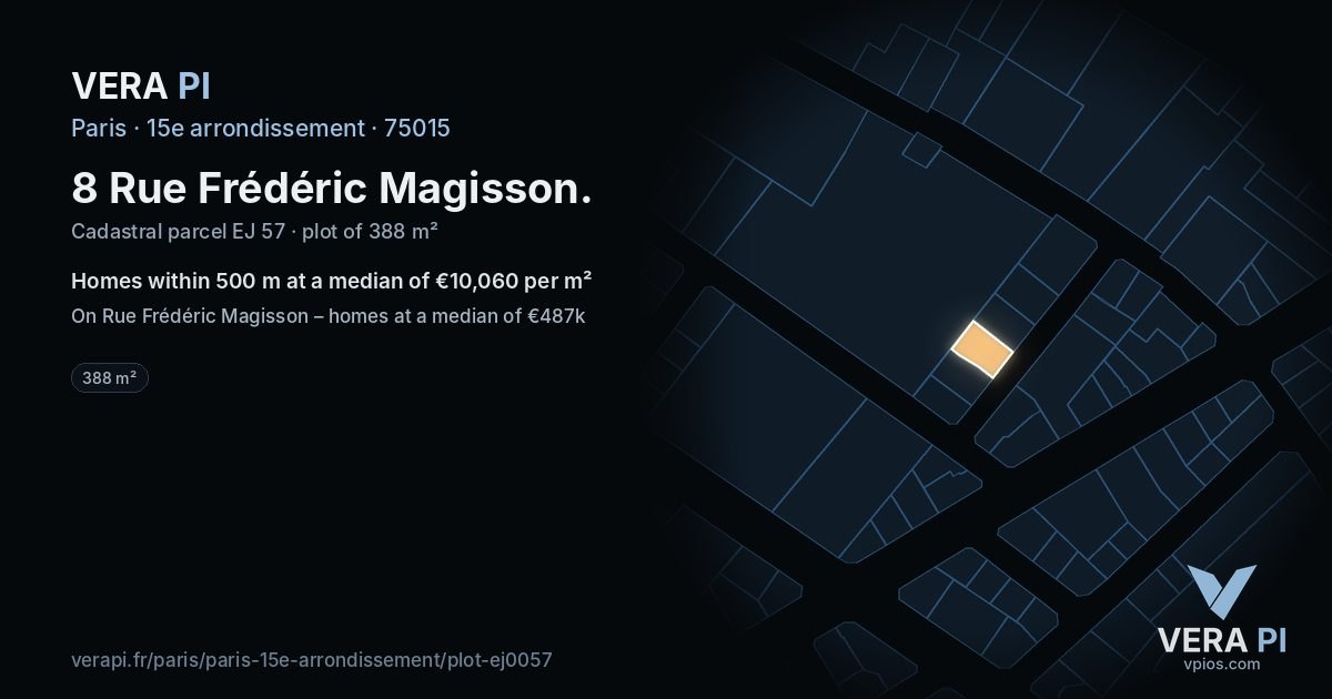 8 Rue Frédéric Magisson, 15e arrondissement at night – the plot lit, the parcels around coloured by the prices near them