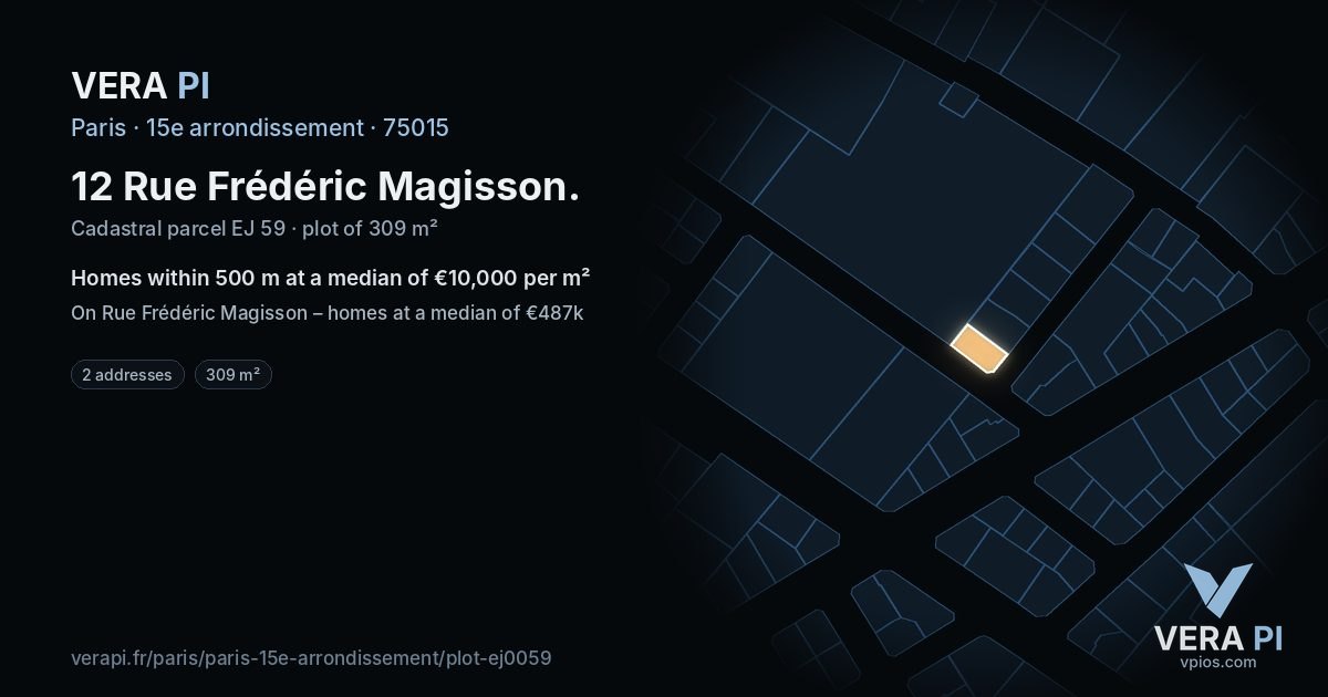 12 Rue Frédéric Magisson, 15e arrondissement at night – the plot lit, the parcels around coloured by the prices near them