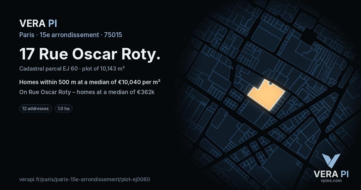 17 Rue Oscar Roty, 15e arrondissement at night – the plot lit, the parcels around coloured by the prices near them