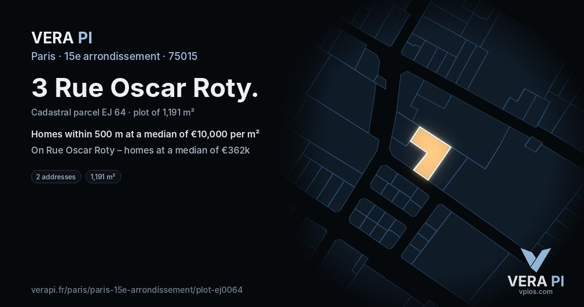 3 Rue Oscar Roty, 15e arrondissement at night – the plot lit, the parcels around coloured by the prices near them