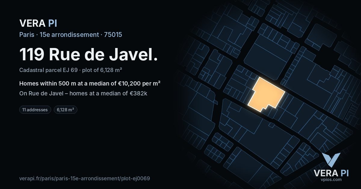 119 Rue de Javel, 15e arrondissement at night – the plot lit, the parcels around coloured by the prices near them