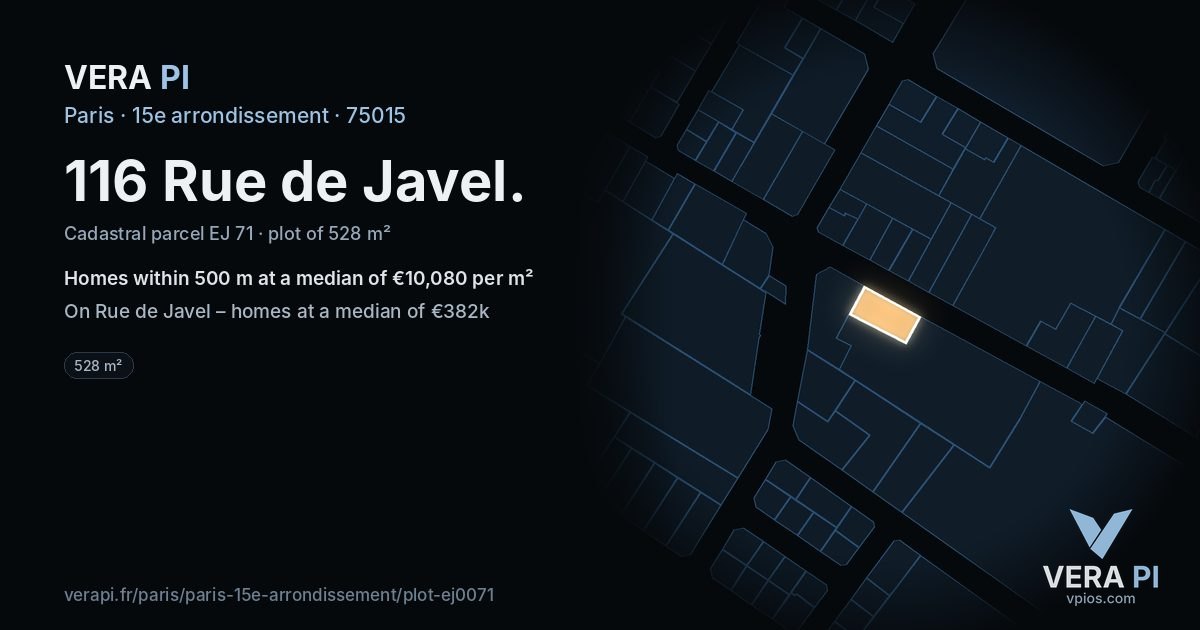 116 Rue de Javel, 15e arrondissement at night – the plot lit, the parcels around coloured by the prices near them
