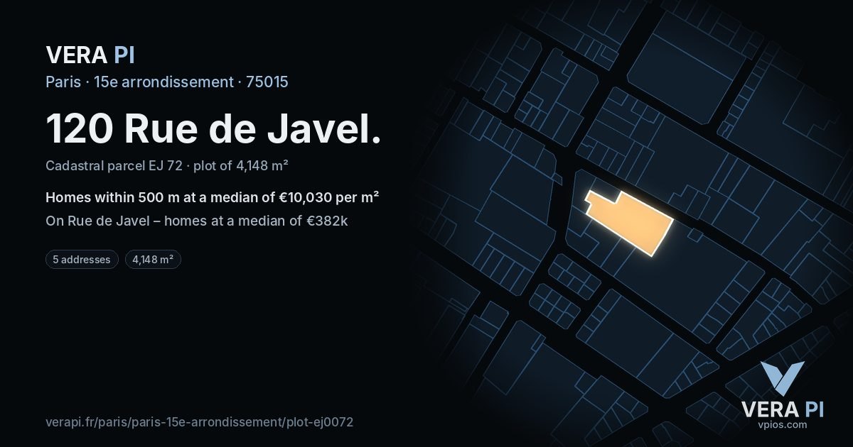 120 Rue de Javel, 15e arrondissement at night – the plot lit, the parcels around coloured by the prices near them