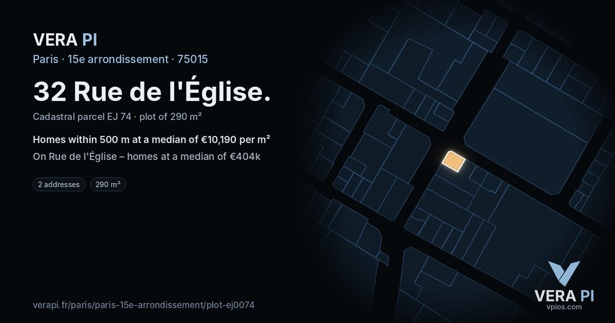 32 Rue de l'Église, 15e arrondissement at night – the plot lit, the parcels around coloured by the prices near them