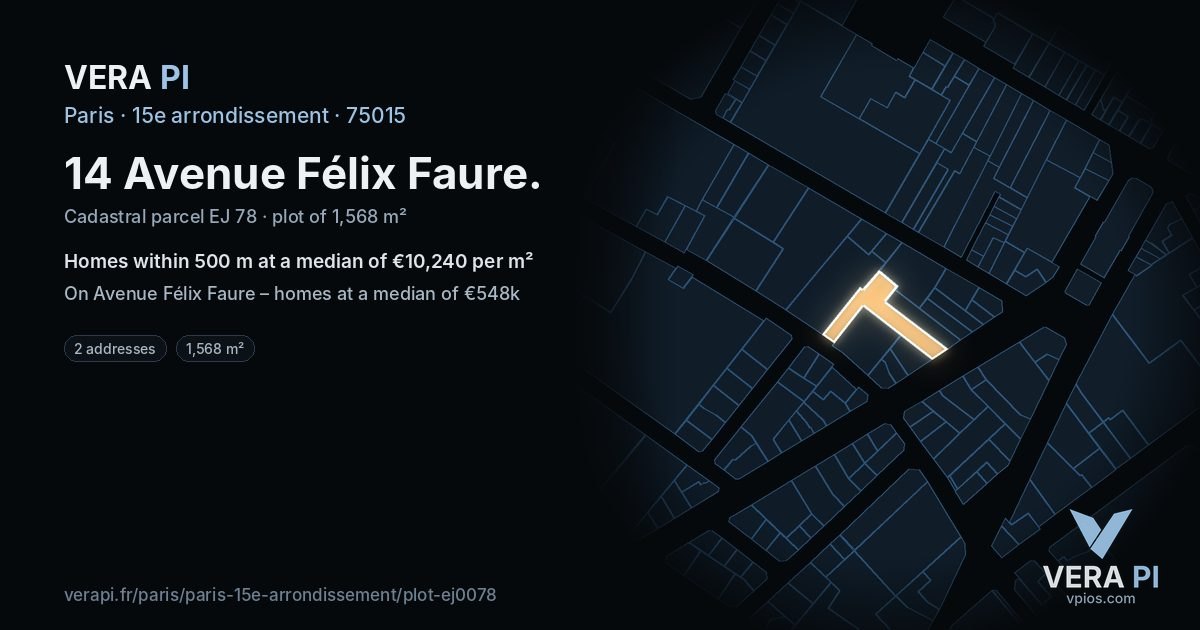 14 Avenue Félix Faure, 15e arrondissement at night – the plot lit, the parcels around coloured by the prices near them