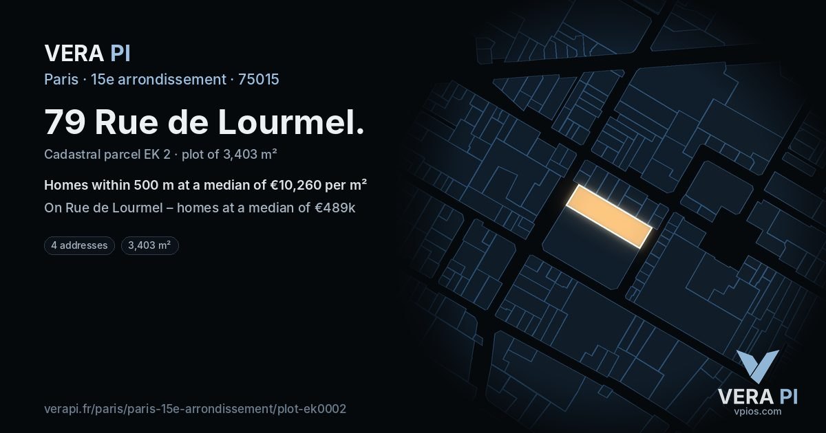 79 Rue de Lourmel, 15e arrondissement at night – the plot lit, the parcels around coloured by the prices near them