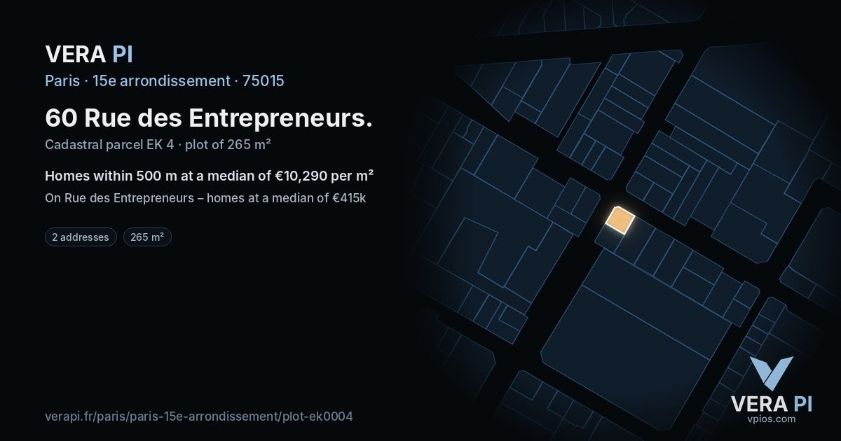 60 Rue des Entrepreneurs, 15e arrondissement at night – the plot lit, the parcels around coloured by the prices near them