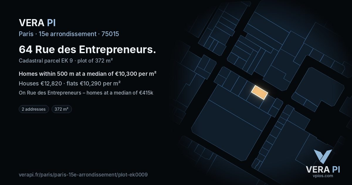 64 Rue des Entrepreneurs, 15e arrondissement at night – the plot lit, the parcels around coloured by the prices near them