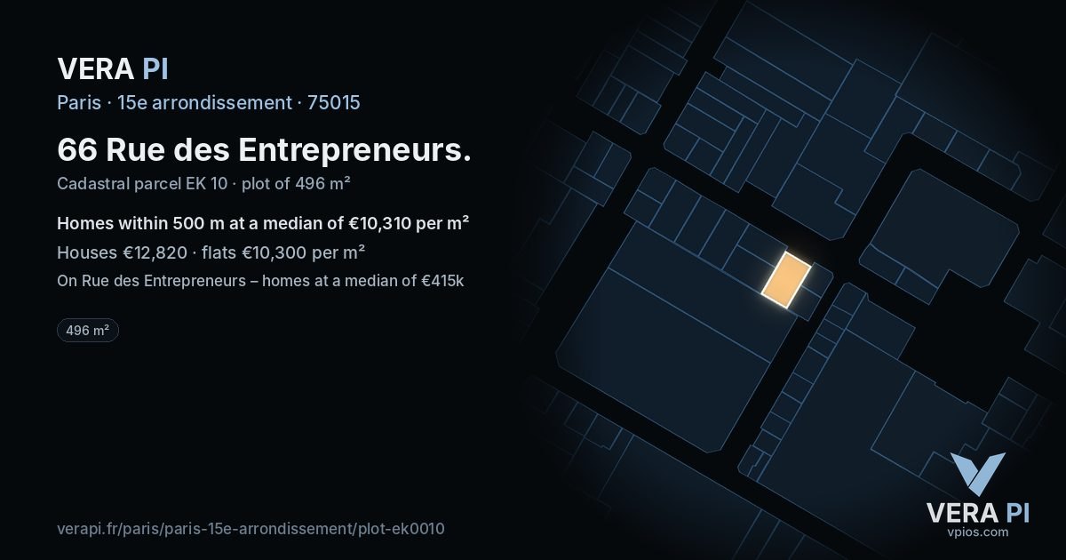 66 Rue des Entrepreneurs, 15e arrondissement at night – the plot lit, the parcels around coloured by the prices near them