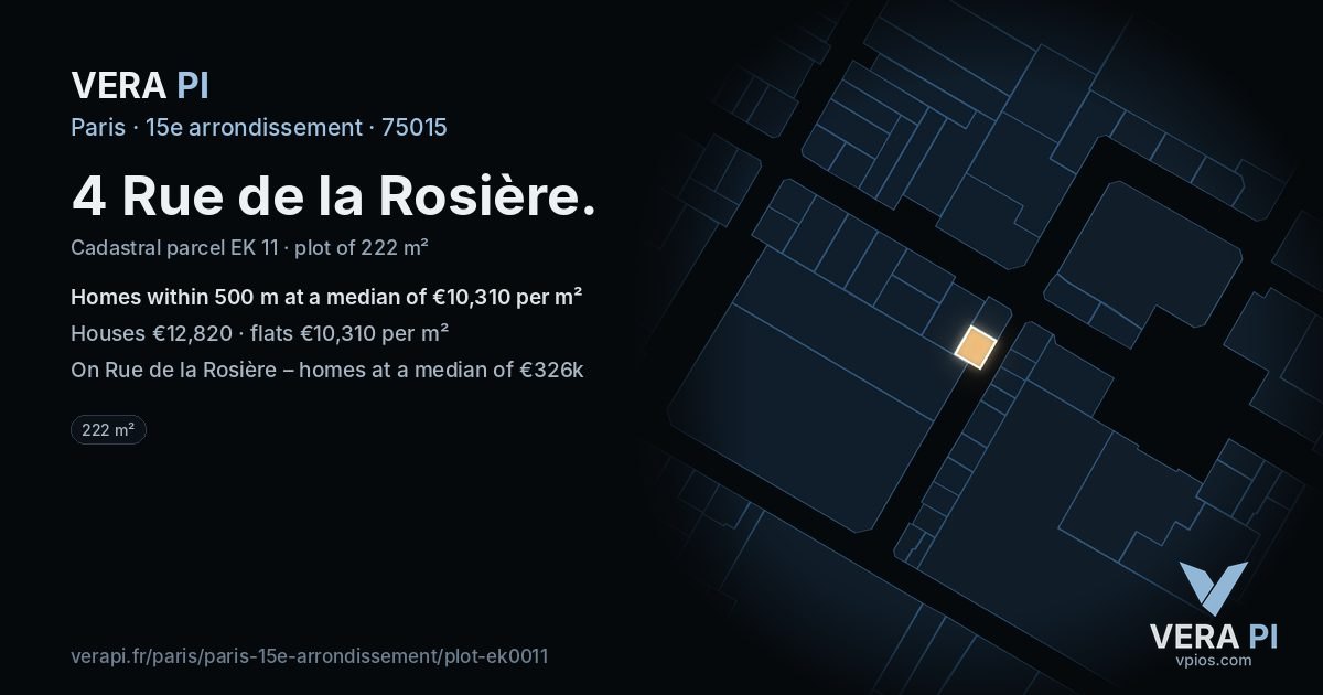 4 Rue de la Rosière, 15e arrondissement at night – the plot lit, the parcels around coloured by the prices near them