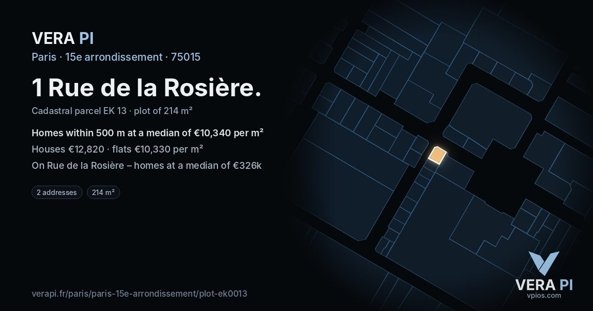 1 Rue de la Rosière, 15e arrondissement at night – the plot lit, the parcels around coloured by the prices near them