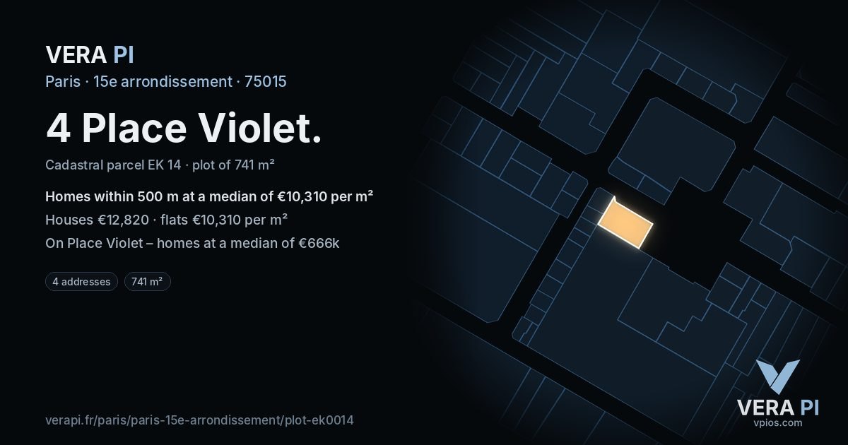 4 Place Violet, 15e arrondissement at night – the plot lit, the parcels around coloured by the prices near them