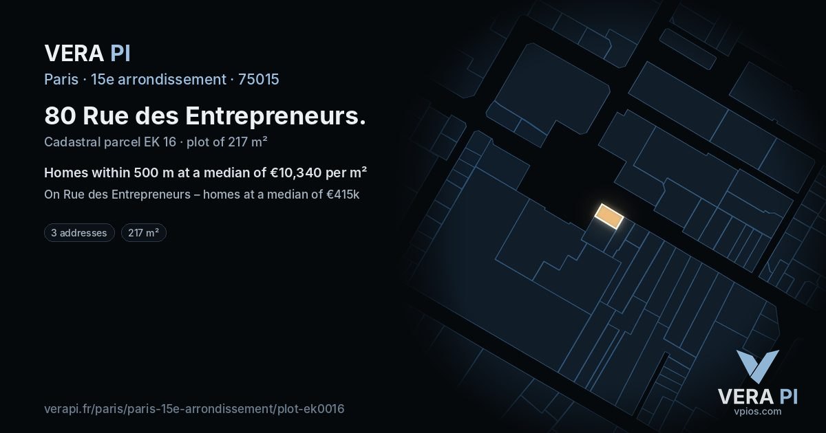 80 Rue des Entrepreneurs, 15e arrondissement at night – the plot lit, the parcels around coloured by the prices near them