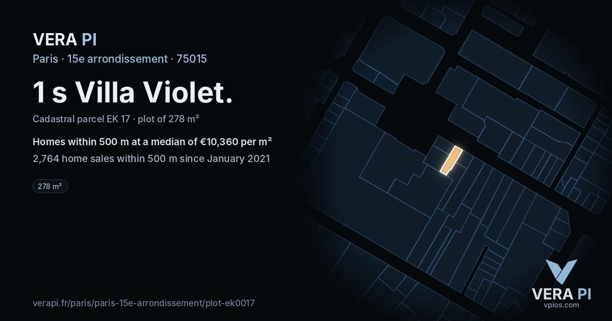 1 s Villa Violet, 15e arrondissement at night – the plot lit, the parcels around coloured by the prices near them